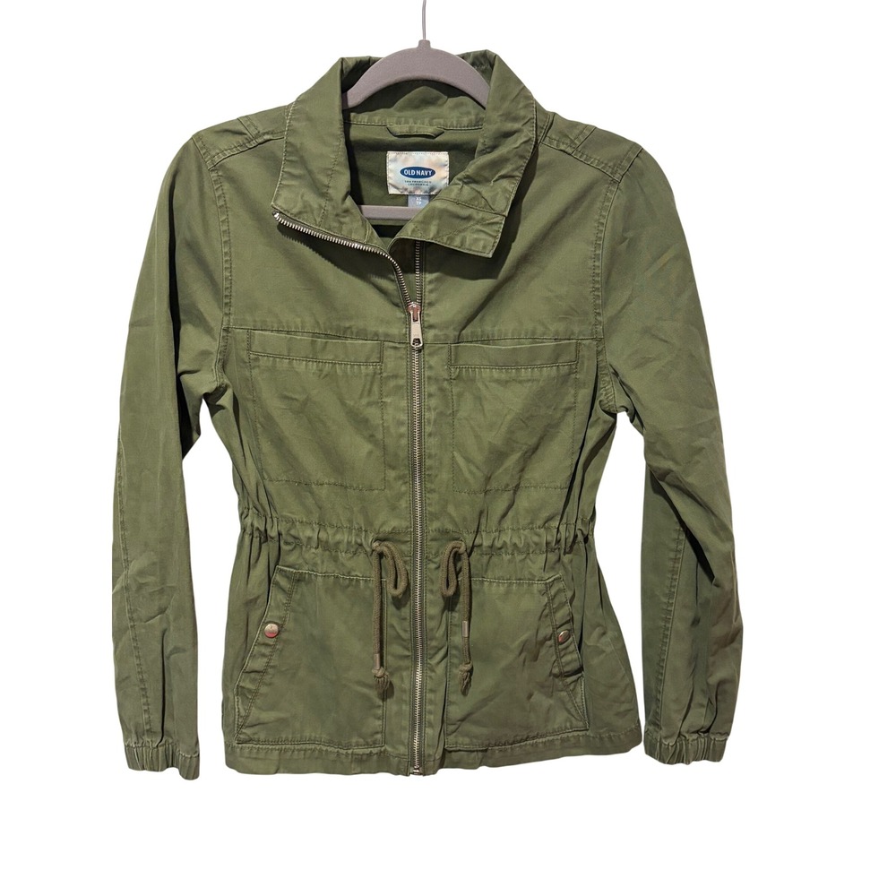 Old Navy Womens XS Olive Green Cotton Utility Jacket Full Zip Cinched Waist Coat